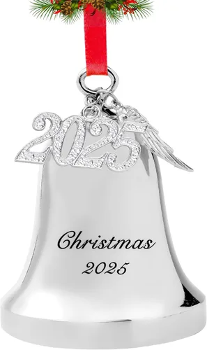 FKOG Adorno plateado de campana de Navidad 2025 y campana de trineo con alas de ángel, aniversario de boda, recuerdos de recién casados, regalos de
