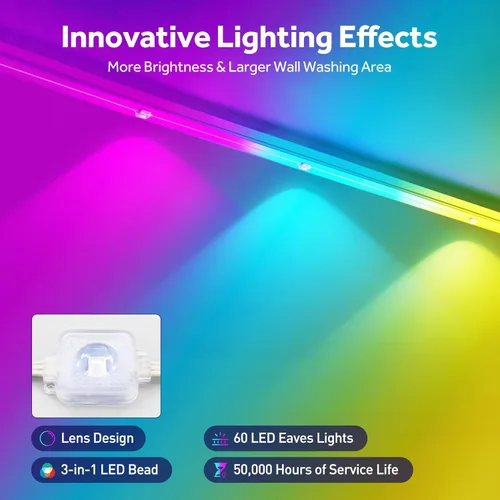 Vista 4 de Luces permanentes para exteriores de 50 pies, luces inteligentes RGB+IC para exteriores con 30 LED, 213 modos de escena, aplicación y control