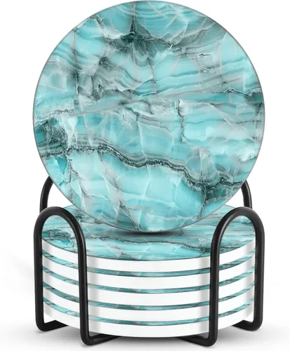 Vista 9 de Emerson - Posavasos absorbentes para bebidas, juego de posavasos de piedra natural con soporte, posavasos para mesa de café, protección de mesa