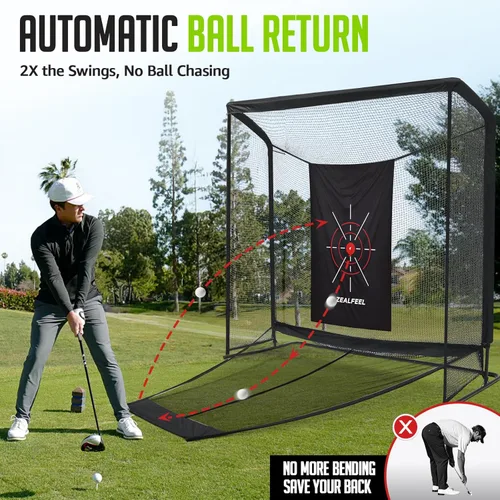 Vista 2 de Zealfeel Golf Net, 10x7ft/8x8ft Golf Enclosure Net with Side Barriers/Auto-Ball Return, Low-Noise Target, Carry Bag, 4 Stakes, Hitting Practice Net