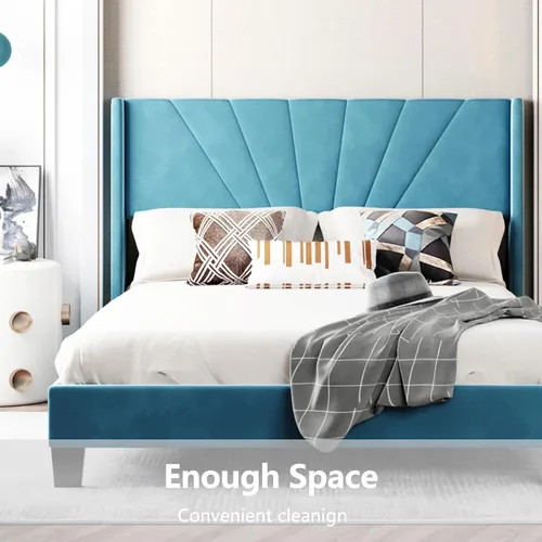 Vista 5 de Base de cama de plataforma tamaño Queen con cabecera tapizada de terciopelo y soporte de listones de madera, cama y cabecera tamaño Queen,