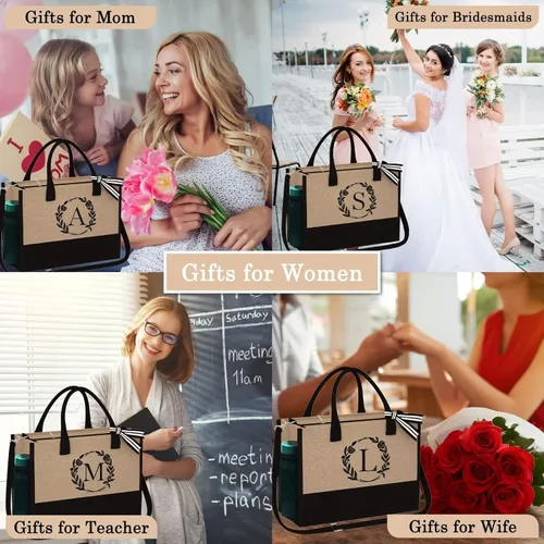 Vista 7 de YOOLIFE Bolsa de yute con iniciales con bolsillos con cremallera, correa ajustable, bolsa de playa de viaje, día de la madre, regalos de cumpleaños
