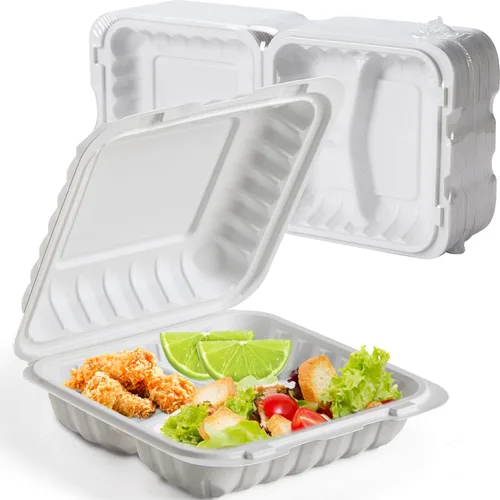 Recipientes para alimentos de 7.8" 30 onzas, paquete de 65 unidades, plástico de polipropileno relleno mineral sin BPA, 3 compartimentos envoltorio de EKOSAVOR