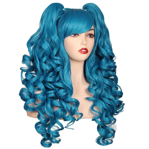Vista 4 de ColorGround Peluca larga y rizada para cosplay con 2 colas de caballo (azul celeste)