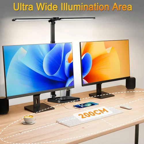 Vista 2 de CHARYJOD Lámpara de escritorio LED retráctil regulable con puerto de carga USB, 50 modos de iluminación, brazo doble oscilante, arquitecto, lámpara