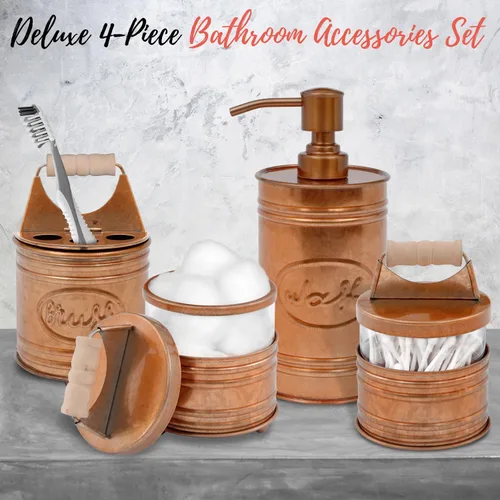 Vista 2 de Autumn Alley Juego de 4 accesorios de baño rústicos - Dispensador de jabón de granja de cobre, soporte para cepillo de dientes, 2 tarros
