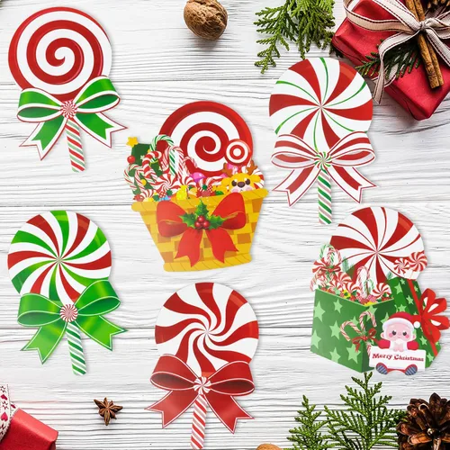 Vista 7 de Decoraciones de Navidad de Caramelo al Aire Libre, Letreros de Patio - 6 Piezas de Letreros de Caramelo de Piruleta de Menta de Plástico con Estacas