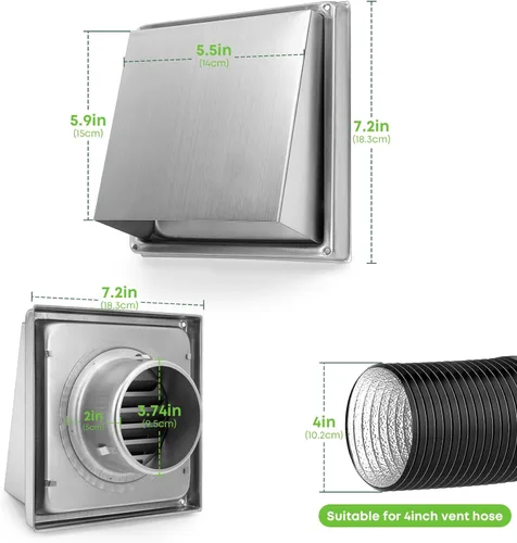 Vista 2 de Stanbroil Cubierta de ventilación de secadora de 4 pulgadas, cubierta de escape de ventilación de pared de acero inoxidable, solapa acolchada sin