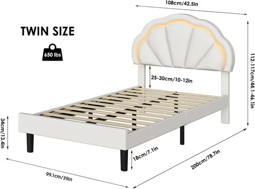 Vista 38 de HIFIT Marco de cama LED inteligente tapizado completo con cabecera ajustable de pétalos elegantes, marcos de cama de plataforma