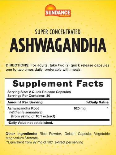 Vista 2 de Sundance Ashwagandha 60 cápsulas Super Concentrado Hierba ayurvédica tradicional Suplemento sin OMG, sin gluten