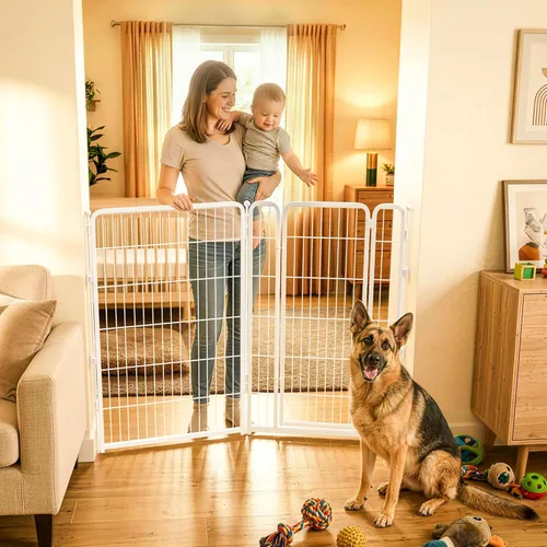 Vista 29 de FXW Puerta para perros extra ancha diseñada para uso en interiores, ancho ajustable de hasta 165 pulgadas de ancho