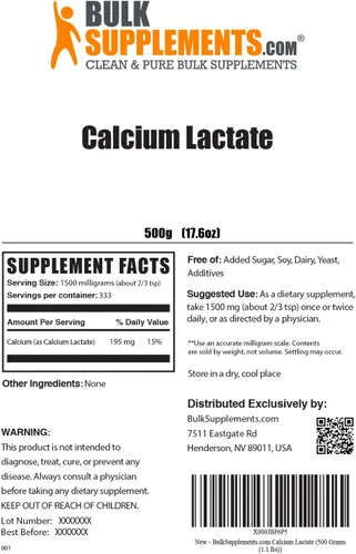 Vista 2 de BulkSupplements.com Lactato de calcio en polvo - Suplemento de calcio, lactato de calcio grado alimenticio - Suplemento de lactato de calcio, 1500