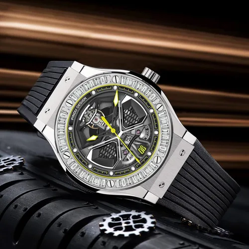 Vista 2 de Relojes automáticos para hombres, relojes de esqueleto para hombre, reloj analógico Tourbillon, esfera de cielo estrellado, esfera pequeña de 12