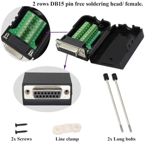 Vista 4 de Paquete de 2 adaptadores de bloque de terminales de tornillo DB15, 15 pines, 2 filas DB15 hembra a placa de terminales hembra de 16 pines/vías