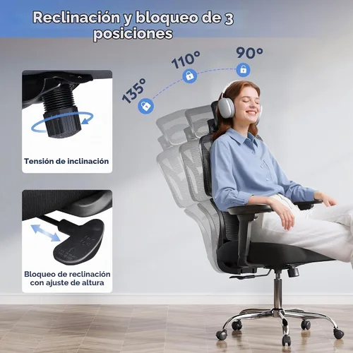 Vista 7 de DEVAISE Ergonomic Office Chair, 3D Headrest and 3D Rebound Armrest, Tilt 90°-135°, Breathable Mesh, Support up to 180 kg, Height Adjustable for