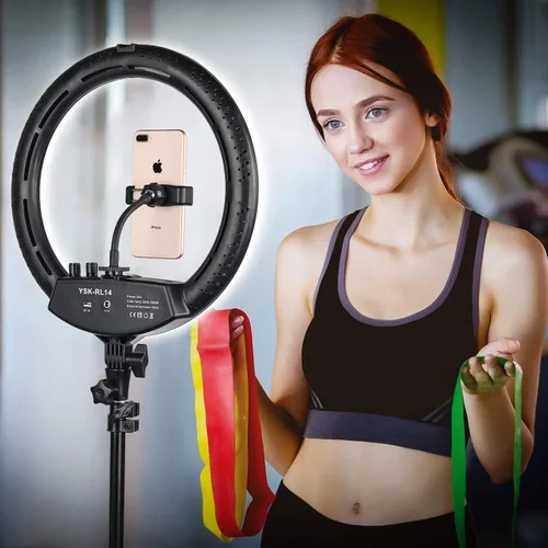Vista 8 de Anillo de luz con soporte de trípode, kit de anillo de luz LED de 14 pulgadas Yesker con soporte para teléfono, temperatura de color ajustable
