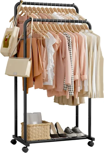 Sakugi Perchero de Ropa - Perchero de ropa con estante de malla de almacenamiento y ruedas, perchero de metal resistente para colgar ropa, vestidos,