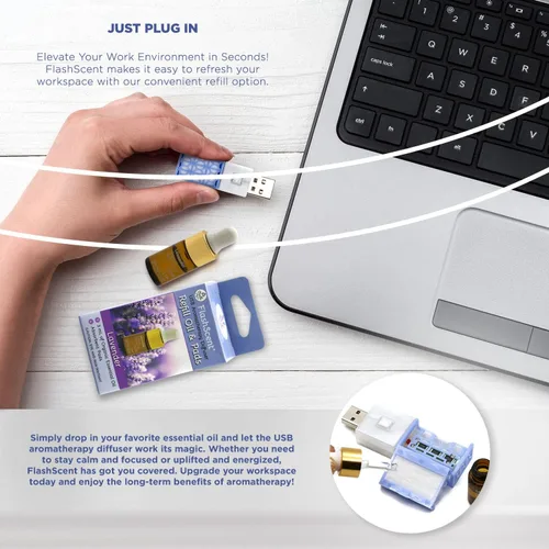 Vista 2 de FlashScent - Difusor de aceite esencial de aromaterapia USB para el hogar, el trabajo, kit de recarga de automóvil, incluye botella de 0.1 onzas
