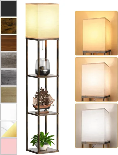 Vista 11 de Lámpara de pie con estantes para sala de estar roble gris, lámpara de pie con estante con bombilla LED de 3 CCT, lámpara de columna de pie