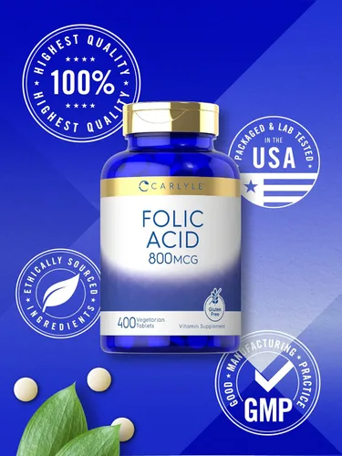 Vista 5 de Carlyle Tabletas de ácido fólico de 800 Mcg 400 unidades Vegetariano, sin OMG, suplemento sin gluten