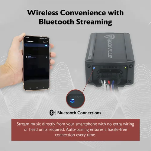 Vista 5 de Rockville Amplificador Bluetooth PS20 ATV/UTV/motocicleta de 2 canales, pico de 1200 W / 150 W RMS, IP65 impermeable, clase D, compacto