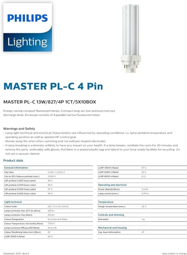 Vista 5 de Philips Lighting 383257 PL-C - Lámpara fluorescente compacta lineal de 13 vatios, 4 pines, base G24q-1, 925 lúmenes, 82 CRI, 2700K, incandescente