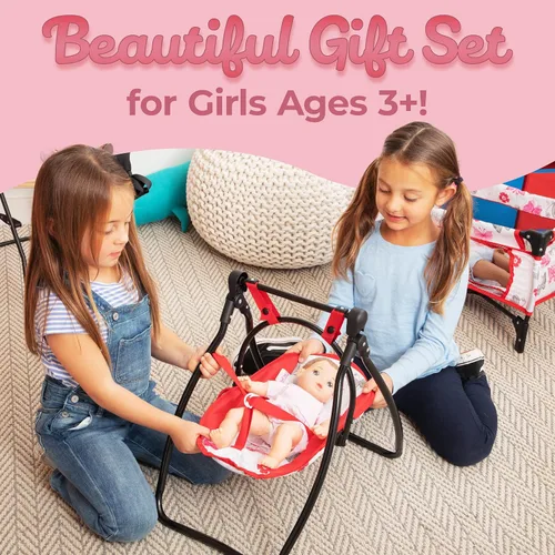 Vista 6 de Litti Pritti - Juego de 4 accesorios para muñecas bebé. Incluye columpio, silla alta, cuna y portabebé. Estos accesorios son para muñecas de 18