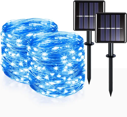 Vista 11 de SUDDUS Paquete de 2 luces solares de 66 pies, 200 luces LED solares para exteriores, impermeables, 8 modos de luces parpadeantes para árboles, Blanco