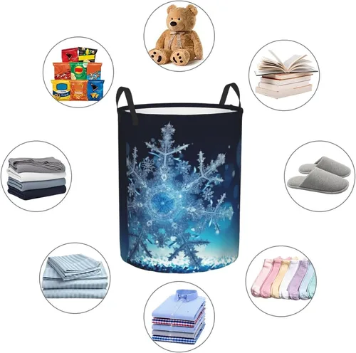 Vista 6 de Blue christmas snowflake print Circular Hamper Waterproof Storage Bin Organizer Basket Laundry Hamper With Handles For Clothes Toys Small