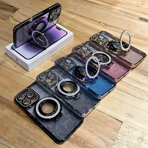 Vista 7 de Funda con Purpurina y Diamantes de Imitación Compatible con iPhone 11, Funda con Soporte y Protector de Lente de Cámara, Funda Blanda con Brillante