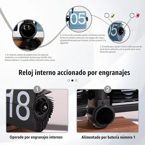 Vista 4 de VBESTLIFE Reloj digital retro abatible, funciona con batería, reloj de engranajes internos, mecánico clásico, base de nogal negro, para decoración