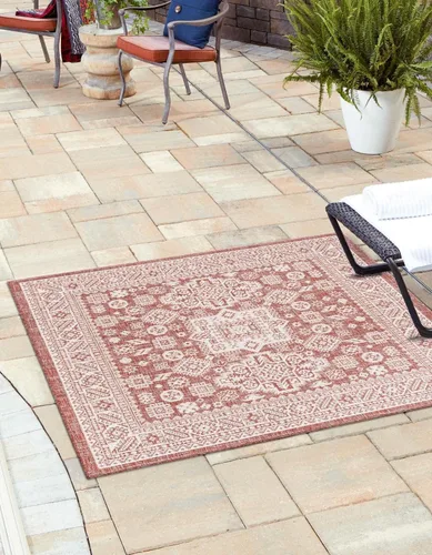 Vista 184 de Unique Loom Outdoor Aztec Collection Alfombra de área - Chalca (10 pies, redonda, azul/marfil)
