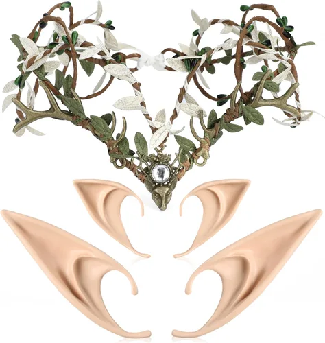 Vista 8 de MOSTORY Juego de corona de cornamenta de elfo – Corona de hadas de bosque hecha a mano con orejas de elfo para cosplay renacentista Bronce
