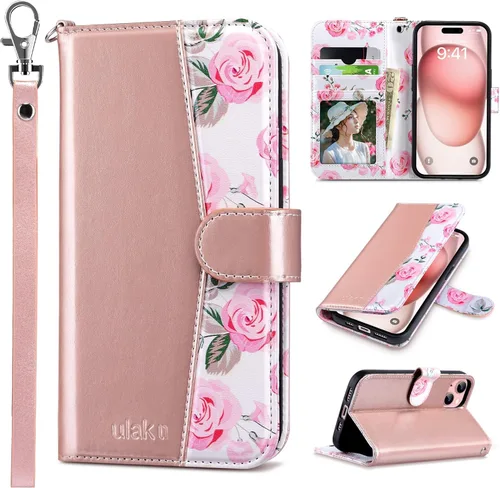 Vista 18 de ULAK Funda tipo billetera compatible con iPhone 15 para mujeres, funda tipo cartera con estampado floral de piel PU premium con porta tarjetas
