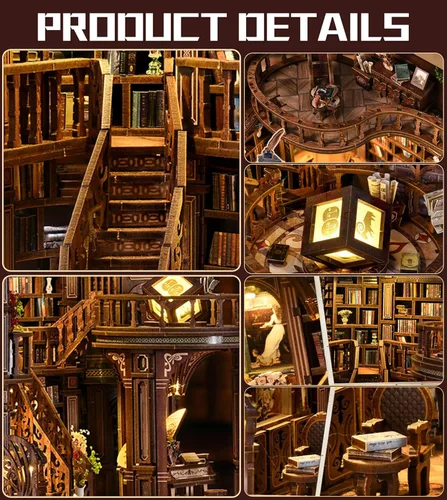 Vista 6 de Roroom Kit de casa en miniatura para bricolaje, rincón de libros de ensueño con luz LED, rompecabezas de madera 3D, kit de casa de muñecas