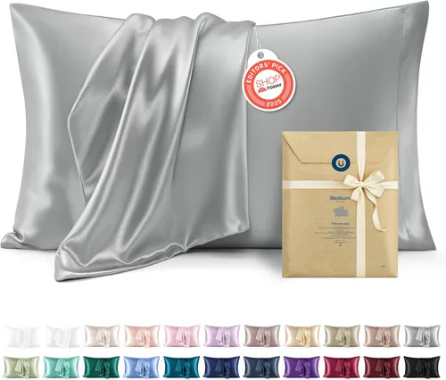 Bedsure Paquete de 2 fundas de almohada de satén similares a las fundas de almohada de seda tamaño estándar, funda de almohada para mujeres que