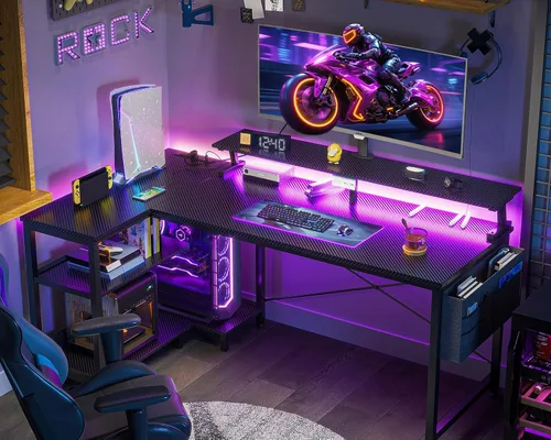 Vista 18 de ODK Escritorio para juegos de 40 pulgadas con tomas de alimentación USB y luces LED, escritorio reversible en forma de L con estantes de Superficie