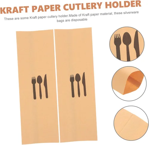 Vista 8 de Bolsas de cubiertos de papel kraft, 100 piezas, tenedores desechables, vajilla de boda, utensilios desechables para ensayo, bolsas de cubiertos