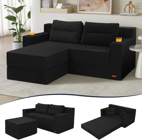 Vista 14 de COMAX Sofá cama futón de 3 plazas, sofá cama convertible de 106 pulgadas para sala de estar, sofá cama plegable 4 en 1 sin hueso, sofá de pana