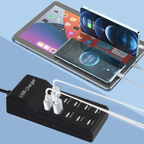 Vista 2 de Estación de carga USB de 50 W con 10 puertos USB inteligentes de tamaño familiar para múltiples dispositivos, teléfono inteligente, tableta