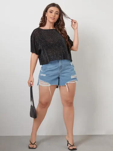 Vista 5 de OYOANGLE Camiseta corta de malla con purpurina para mujer, talla grande, transparente, manga corta