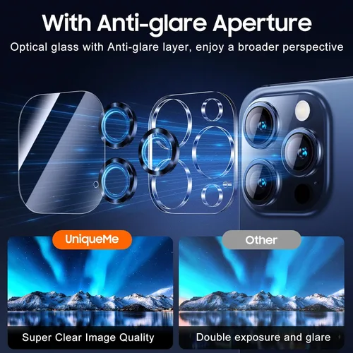 Vista 4 de UniqueMe 3 Pack Compatible for iPhone 15 Pro/iPhone 15 Pro Max Camera Lens Protector, [Drop Protection] [Case Friendly] 9H Tempered Glass Camera