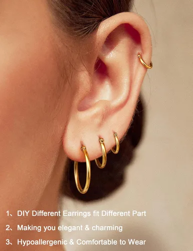 Vista 5 de ORAZIO 4 Pares de pendientes de argollas de acero inoxidable. Pendientes tipo argolla plana para mujer, de 10-20 milímetros.