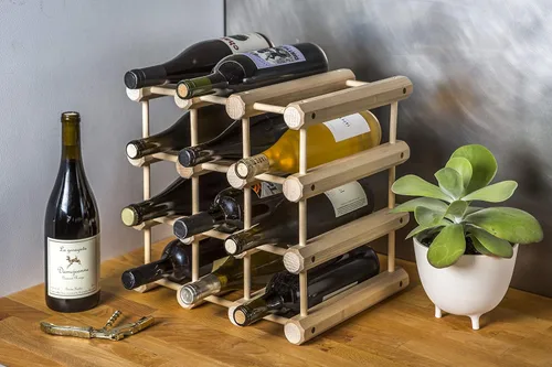 Vista 2 de Soporte modular apilable de madera para almacenamiento de vino con pasadores naturales, 12 botellas, ceniza