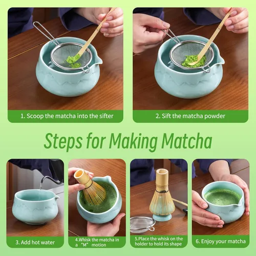 Vista 5 de TEANAGOO Juego de 7 batidores de matcha azul, juego de matcha de cerámica, kit de matcha para ceremonia, juego de té matcha para hacer