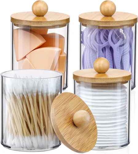 Vista 8 de Paquete de 2 dispensadores Qtip con tapas de bambú, recipientes de plástico transparente de 10 onzas para almacenamiento organizador de maquillaje