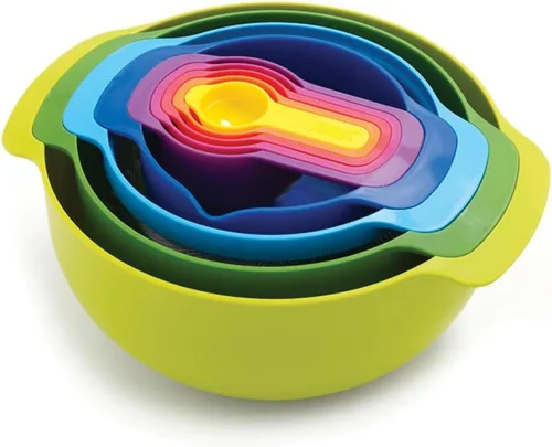 Joseph Joseph Nest 9 Plus - Juego compacto de preparación de alimentos de 9 piezas con tazones para mezclar, tazas medidoras, tamiz y colador,