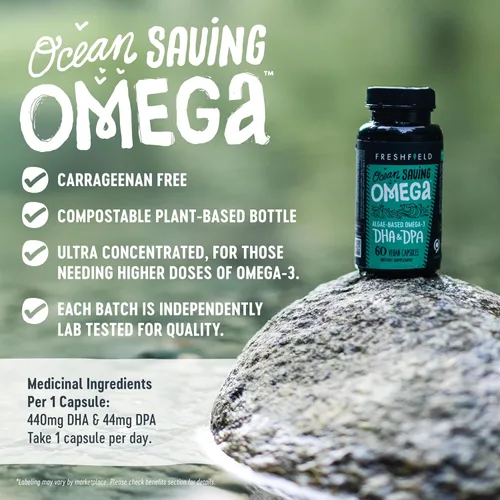 Vista 4 de Freshfield Omega 3, Suplementos de DHA, Fórmula potente 1 por día, Aceite de algas (algas), Omega vegano, aceite de pescado para ahorro de océano