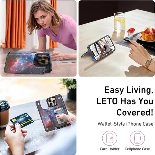 Vista 758 de LETO para iPhone 15 Pro Funda tipo cartera - Tapa tipo folio con patada - Diseños de moda - Tarjetero - Funda protectora para mujeres y niñas - 6.1