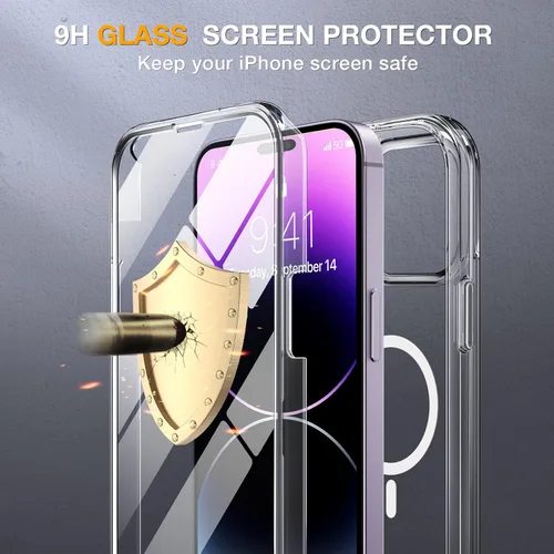 Vista 4 de Miracase Glass Series - Funda transparente para iPhone 14 Pro Max de 6.7 pulgadas, antigolpes, cuerpo completo, protector de pantalla de vidrio